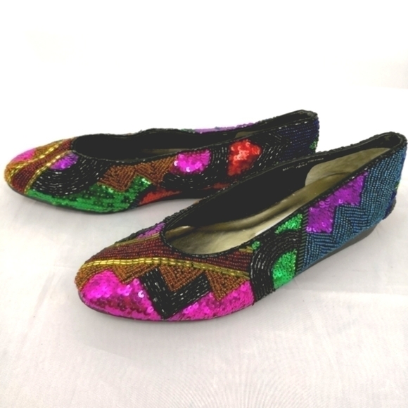 Beverly Feldman Vintage Women's 7.5AA Vintage Shiny Sequin Retro Theme Flats - Picture 3 of 9